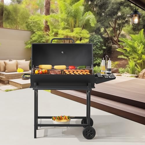 casa.pro Grillwagen Armento Holzkohlegrill mit Deckel BBQ Grillrost aus emailliertem Edelstahl Gartengrill 2 Räder Deckelthermometer 95x108x61cm Schwarz von casa.pro