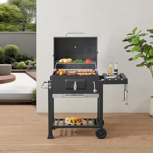casa.pro Grillwagen Arnad Holzkohlegrill mit Deckel BBQ Kohlegrill mit Grillrosten Gartengrill 2 Räder Deckelthermometer aufklappbare Ablagen 105x114x47,5cm Schwarz von casa.pro