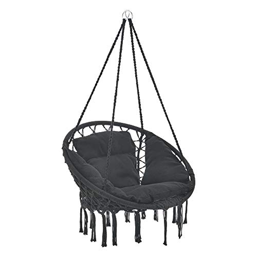 casa.pro Hängesessel mit Kissen Hängesitz Innen und Außen Hängestuhl Hängeschaukel Indoor Outdoor Hängekorb bis 150 kg Schwarz von casa.pro