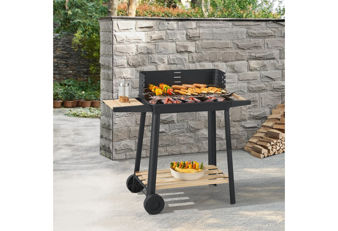 casa.pro Holzkohlegrill, »Ari« Grillwagen 78x86x30cm Schwarz/Holz von casa.pro