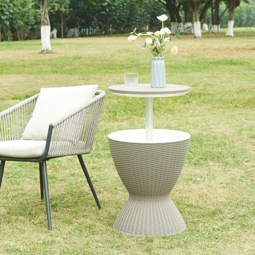 casa.pro Kühltisch Atessa Gartentisch Getränkekühler Bartisch Couchtisch Cocktailtisch mit Abflussstopfen Cool Bar 30L Rattanoptik 58x48,5cm Hellbraun von casa.pro