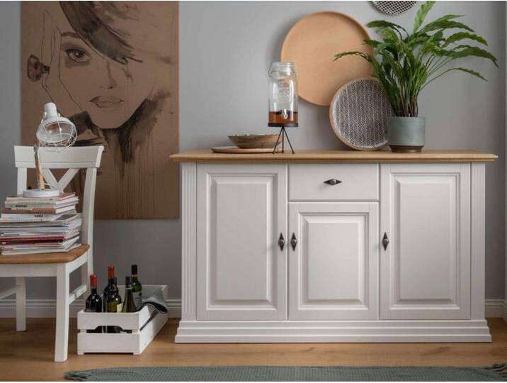 Sideboard Kommode 157x91cm Anrichte Monza Massivholz weiß von casamia