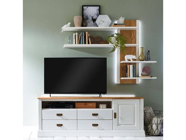 TV Lowboard + Wandregal Set Novara weiß Wildeiche natur Massivholz von casamia