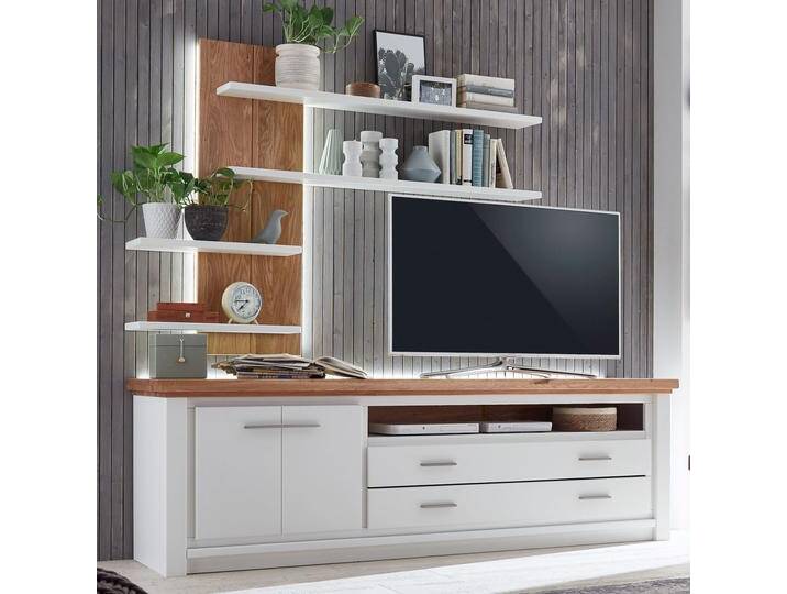 TV Lowboard Set mit Wand Regal Olbia 202x67x45cm massiv weiß natur von casamia
