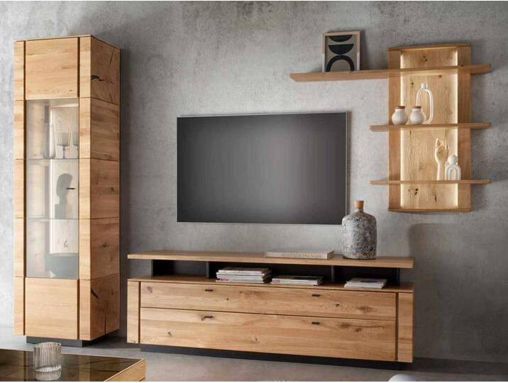 Wohnwand 3-teilig Massivholz B320 H207 T42 cm Aversa Wildeiche von casamia