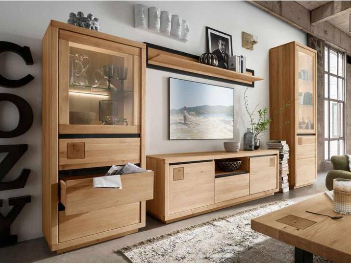 Wohnwand 4-teilig Massivholz B 330 H 205 T 40cm Porto Wildeiche von casamia