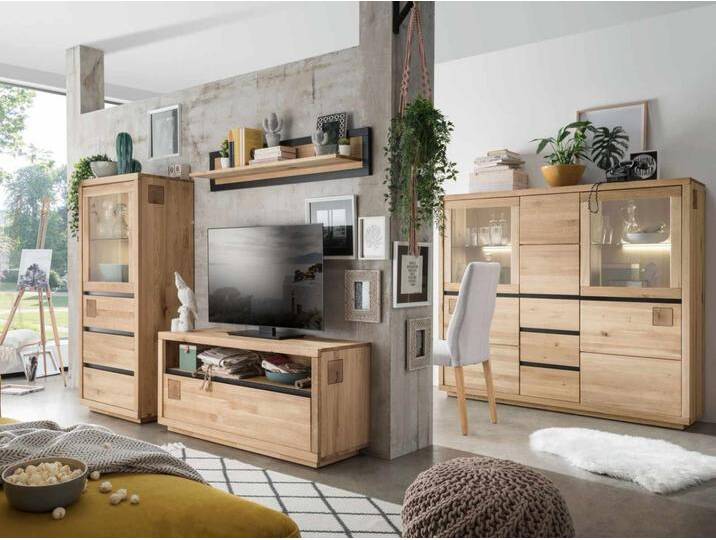 Wohnwand 4-teilig Massivholz B 380 H 148 T 40cm Porto Wildeiche von casamia
