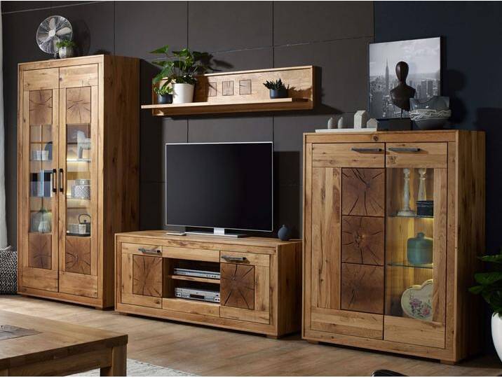 Wohnwand Massivholz B 380 H 201 T 46 cm Waldeiche Vitrine Lowboard Highboard Wildeiche massiv Wohnwand Massivholz B 380 H 201 T 46 cm Waldeiche Vitrine Lowboard Highboard Wildeiche massiv von casamia