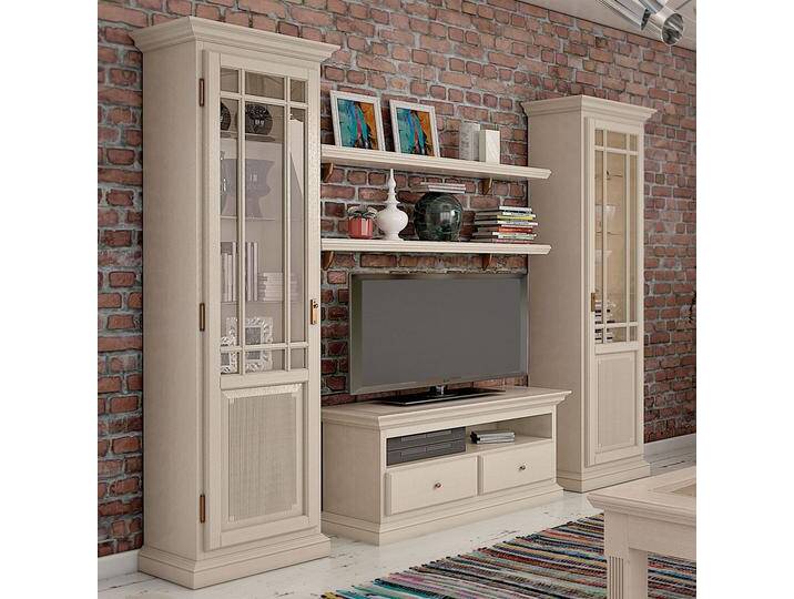 Wohnwand Wohnzimmer Schrank Set Duett 2 Vitrinen TV Schrank 2 Bücher-Regale Duett Pinie massiv von casamia