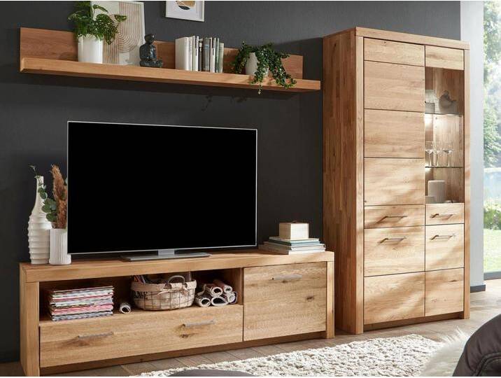Wohnwand massiv 280x204cm TV Lowboard Vitrine Wandbord Faro Wildeiche von casamia