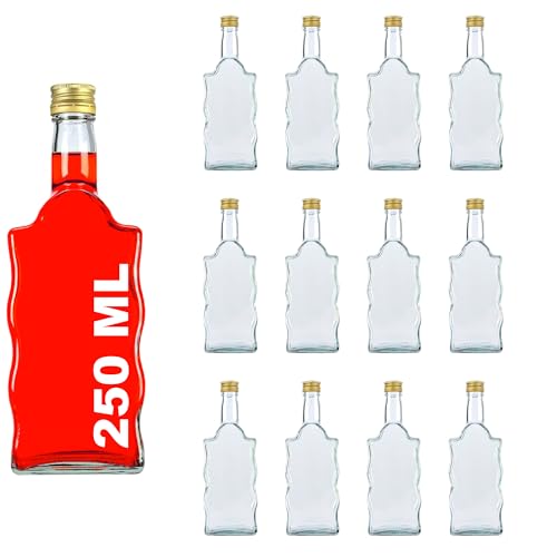 casavetro 12 Leere kleine Wart Glasflaschen mit Golden Schraubverschluss 250 ml zum selbst befüllen als Saftflaschen, Sirupflaschen, Likörflaschen 0,25 Liter mit Verschluss (12 x 250ml) von casavetro