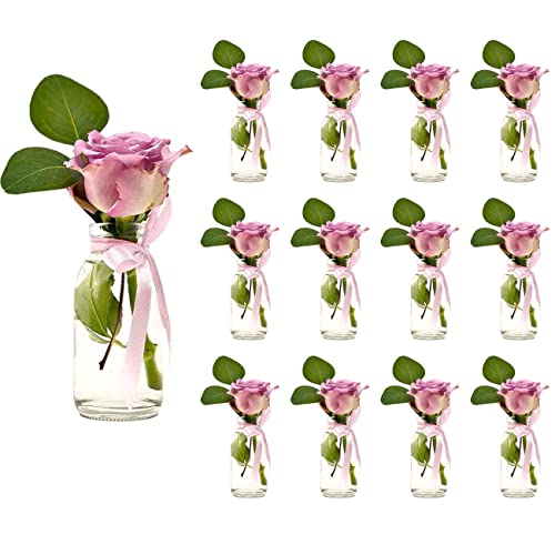 12 x Glasfläschchen im Landhausstil Flasche Deko-Vase Tischvasen Dekoflaschen Hochzeit Glasvasen (TR-Milch- 12 Stück Rosa) von casavetro