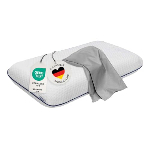 casimum Ergonomisches Visco Nackenstützkissen für Seitenschläfer & Rückenschläfer. Orthopädisches Nackenkissen Memory Foam. HWS Kopfkissen zur Entlastung der Halswirbelsäule, 70x40 cm, Grauer Bezug von casimum