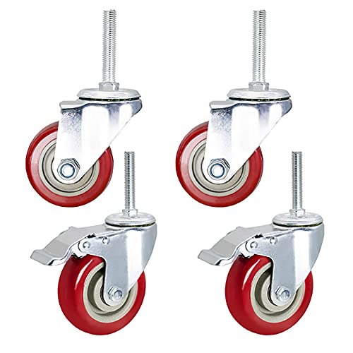 Schwerlastrollen 4 Zoll, M12x60mm Gewinde Verschleißfest 100mm Pu Universal- Drehen Lenkrollen Mit Bremse 540KG Doppellager Industriell Transportrollen Zum Gerüst Werkbank von castors
