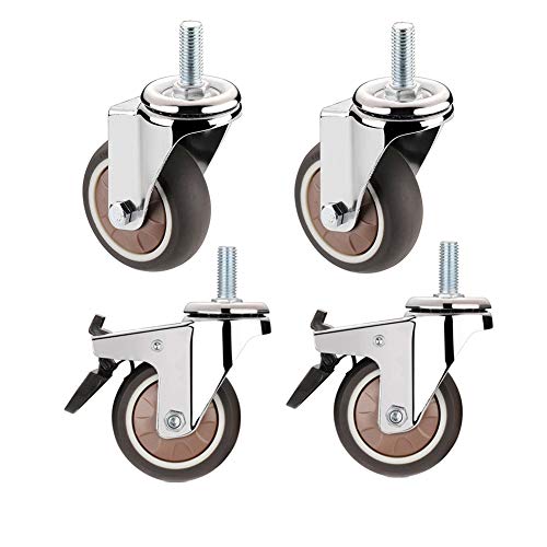 castors 3 Zoll Möbelrollen Gewinde M10 Leise Gummi Lenkrollen Mit Bremse 75mm 200 Kg Universal- Schwenken Stielrollen Wagenrollen Zum Parkettboden Teppich 4 Packungen -Schraube von castors