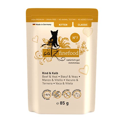 catz finefood Kitten N 7 Rind und Kalb Katzenfutter nass - Feinkost Kitten Nassfutter für junge Katzen ohne Getreide und Zucker mit hohem Fleischanteil, 16 x 85g Beutel von Chewies