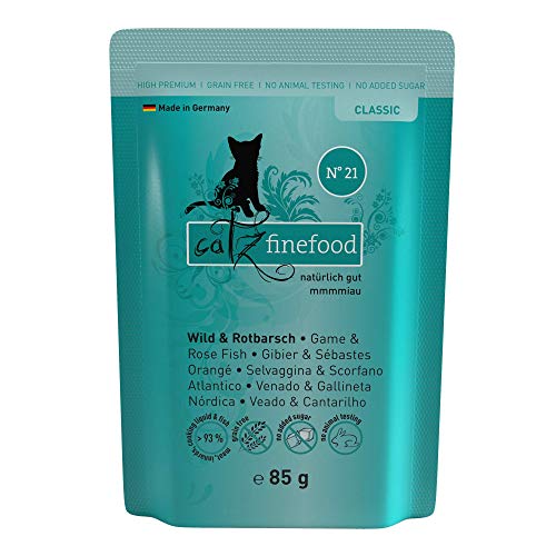 catz finefood N° 21 Wild & Rotbarsch Feinkost Katzenfutter nass, verfeinert mit Kartoffel & Heidelbeere, 16 x 85g Beutel von catz finefood