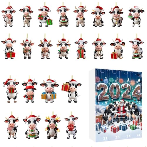 Weihnachtsornament Adventskalender | 24 Türchen Hängbare Kuh Deko Countdown Kalender,2D Acryl Wohnkultur Für Festtage Veranstalter Schulaktivitäten Familienzeit Kinder Pädagogen von ccuzs