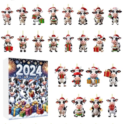 Weihnachtsornament Adventskalender - 24 Türchen Hängbare Kuh Deko Countdown Kalender | 2D Acryl Festtagsanhänger für Lehrer Gemeindemitglieder Familienbindung Klassenraum Jugendliche von ccuzs