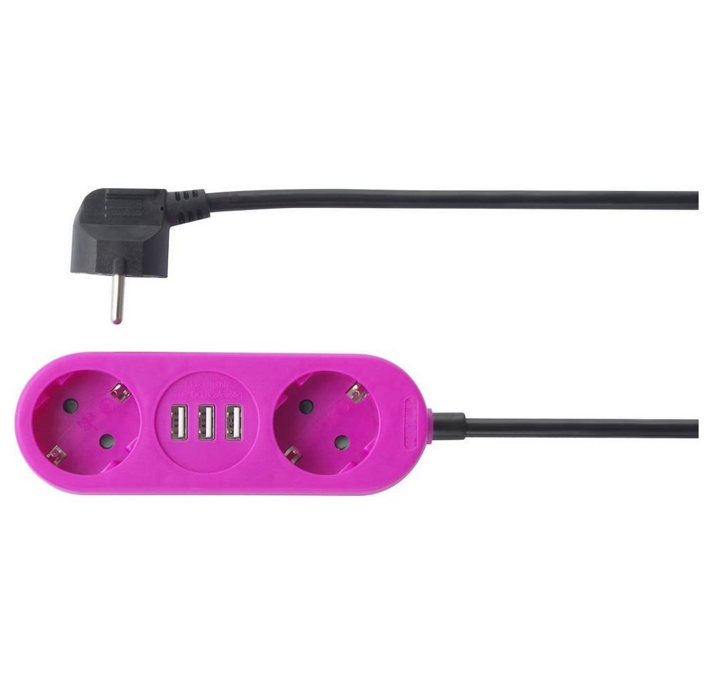 cemon 2-fach-Steckdosenleiste mit 3x USB-A, rosa Steckdosenleiste, mit USB-Ladeausgang von cemon