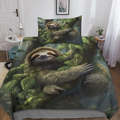 cenmoo Fashion 3D Faultier geometrisch bedrucktes Bettbezug-Set, gebürstete Mikrofaser, weiche Bettbezüge, wilde Tiere, Kingsize, Boho-Qualität, Bettwäsche-Set für Einzelbett (135 x 200 cm) von cenmoo