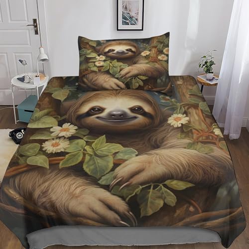 cenmoo ForKids Bettwäsche-Set für Einzelbett, Faultier-Muster, Kawaii, weiche Mikrofaser, Wildtiere, personalisierbar, Einzelbett (135 x 200 cm) von cenmoo