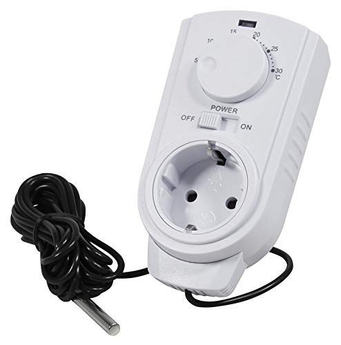 Analoges Steckdosen Thermostat 230V mit externem Fühler und langem Kabel, Zur Steuerung für Heiz und Kühlgeräte, +5°C-30°C einstellbar, von centralsystems GmbH