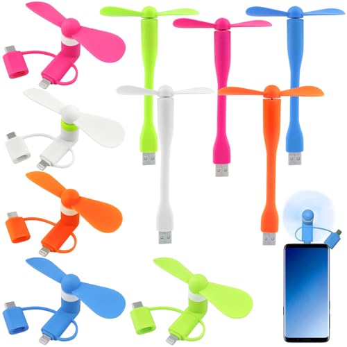 cersaty 5 Stk 3 in 1 Mini-Handy-Ventilator, 5v Handy Ventilator für i-Phone Type-C und Android Handy Mini Ventilator mit 5 Stk USB Ventilator(Kieselgel) von cersaty