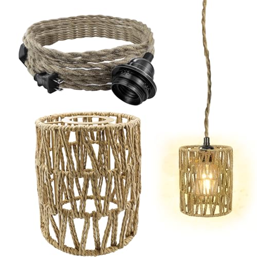 cersaty 1 Stk Boho Lampenschirm, Papierseil Hängelampenschirm Braun Rattan Lampenschirm mit 1 Stk Retro Hanfseil Lichtkabel für Esszimmer,Bar Hängelampe,Deckenlampe usw von cersaty