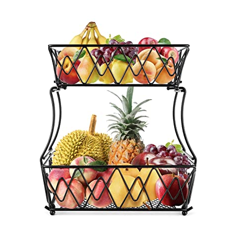 ceuao Obst Etagere, Obstschale Metall zur küche aufbewahrung, 2 stöckig dekorativer Obstkorb, kann als bananenhalter, gemüsekorb(schwarz) von HDmirrorR