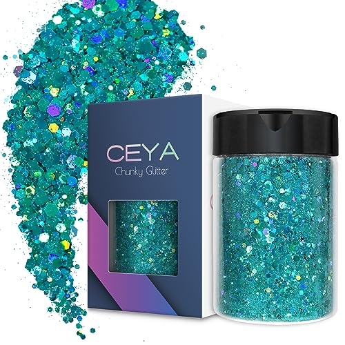 Ceya Holografischer, klobiger Glitzer, 3.5oz/100 g, Cyan-Kunst, Glitzer-Pulver, gemischte feine Flocken, schillernde Nagel-Pailletten für Epoxidharz, Becher, Schleim, Malerei, Festival-Dekoration von ceya