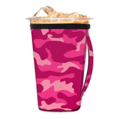 Eiskaffeehülle mit Griff, wiederverwendbare Becherabdeckung, Neopren, Kaffeehüllen, Isolator, Becherhalter für kalte Getränke, Kaffee, Getränke, Größe M, für 680 - 794 ml, rosa Camouflage-Muster von cfpolar