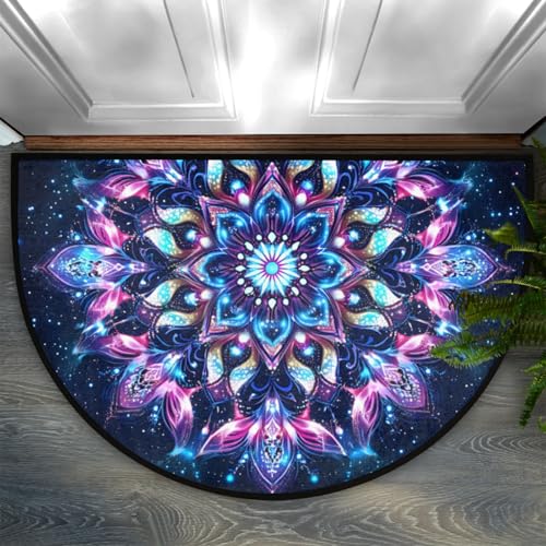 Halbrunde Fußmatte, Blumen, ethnisches Mandala, lila, rutschfest, halbrund, waschbar, Halbmond-Teppich, halbrund, Badezimmerläufer, Eingang, Boden-Teppich für Küche, Schlafzimmer, Kamin-Dekor von cfpolar