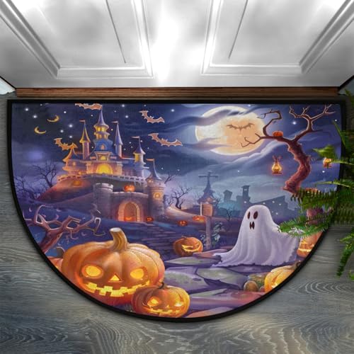 Halbrunde Fußmatte, Halloween, Kürbis, Fledermaus, Geister, rutschfest, halbkreisförmig, waschbar, Halbmond-Teppich für drinnen und draußen, Badezimmer, Küche, Terrasse, Läufer, Matte, Waschküche Halbrunde Fußmatte, Halloween, Kürbis, Fledermaus, Geister, rutschfest, halbkreisförmig, waschbar, Halbmond-Teppich für drinnen und draußen, Badezimmer, Küche, Terrasse, Läufer, Matte, Waschküche von cfpolar