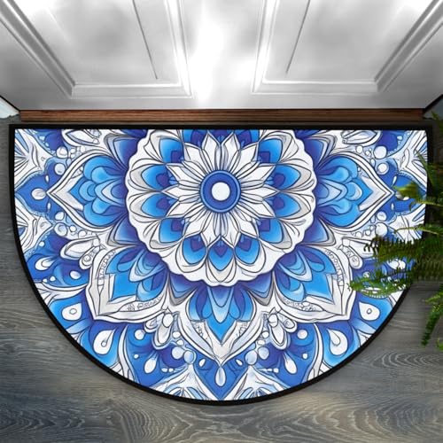 cfpolar Rutschfeste weiche halbrunde Fußmatte, Bohemian-Mandala, blau, halbrund, Matte für Inneneingang, Garage, Bad, Wohnzimmer, Terrasse, 61 x 91,4 cm von cfpolar