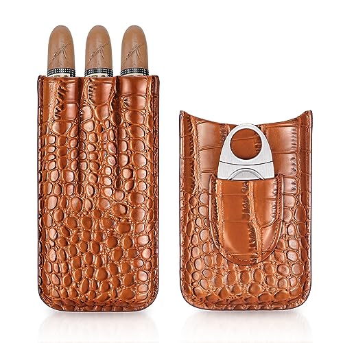 Cgaplus 3 Zigarren Set Leder Zigarrenetui mit Cutter Zedernholz ausgekleidet Zigarren Humidor Portable Travel Zigarrenetui (Braun) von cgaplus
