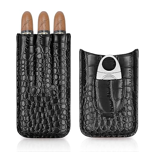 Cgaplus 3 Zigarren Set Leder Zigarrenetui mit Cutter Zedernholz ausgekleidet Zigarren Humidor Portable Travel Zigarrenetui (Schwarz) von cgaplus