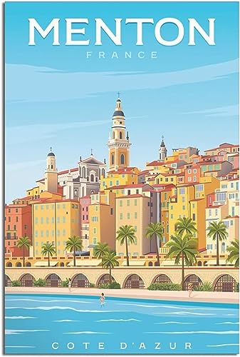 Leinwand Poster Frankreich Menton Kommune Kathedrale Vintage Reise Poster Leinwand Wand Dekor Home Dekoration Poster Raum Kunst Ungerahmt 50x75cm von cgltd