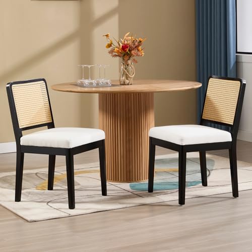 chairus 2er Set Esszimmerstühle Leinen Küchenstühle mit Rattan Rückenlehne Retro Holz Akzentstühle Polsterstühle für Esszimmer Küche Wohnzimmer (Schwarz-2) von chairus