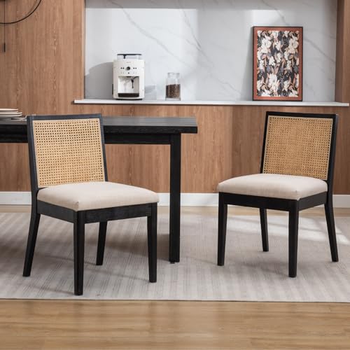 chairus 2er Set Esszimmerstühle Leinen Küchenstühle mit Rattan Rückenlehne Vintage Akzentstühle aus Holz für Esszimmer Küche Wohnzimmer (Schwarz-2) von chairus