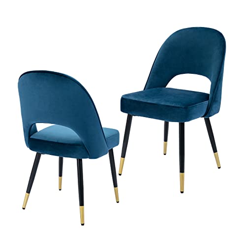 chairus 2er Set Esszimmerstühlen aus Samt für Küche Wohnzimmer Modern Armloser Bürostuhl Polsterstuhl Seitenstühle Hohler Rückenmit Metallbeinen (Blau-2) von chairus