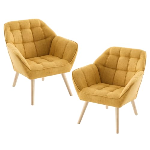 chairus 2er Set Gepolsterter Armlehnensessel Leinen Einzelsofa Loungesessel für Wohnzimmer Modern Armlehnstuhl mit Holzbeinen (Gelb-2) von chairus