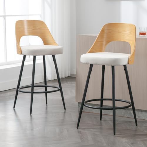 chairus 2er Set Leinen Barhocker für Küchen Armlose Tresenhocker für Wohnzimmer Barstuhl mit Rücklehnen aus Holz Wohnzimmer (Beige) von chairus