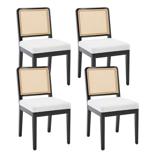 chairus 4er Set Esszimmerstühle Leinen Küchenstühle mit Rattan Rückenlehne Retro Holz Akzentstühle Polsterstühle für Esszimmer Küche Wohnzimmer (Schwarz-4) von chairus