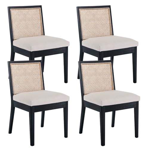 chairus 4er Set Esszimmerstühle Leinen Küchenstühle mit Rattan Rückenlehne Vintage Akzentstühle aus Holz für Esszimmer Küche Wohnzimmer (Schwarz-4) von chairus