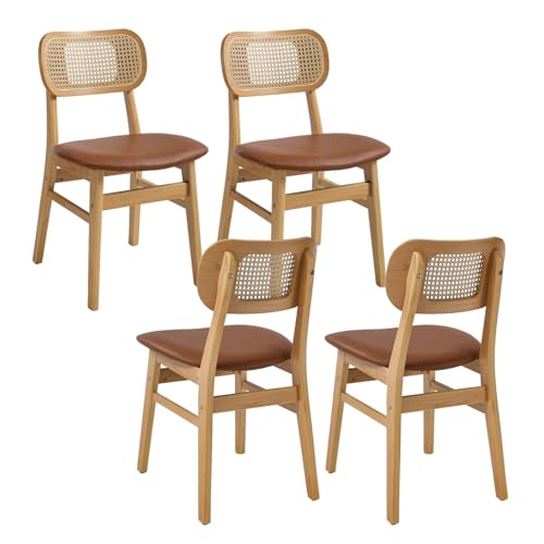 chairus 4er Set PU Leder Esszimmerstühle für Küchen Rattan Akzentstühle für Esszimmer Polsterstuhl mit Massivholzbeinen für Wohnzimmer (Braun-4) von chairus