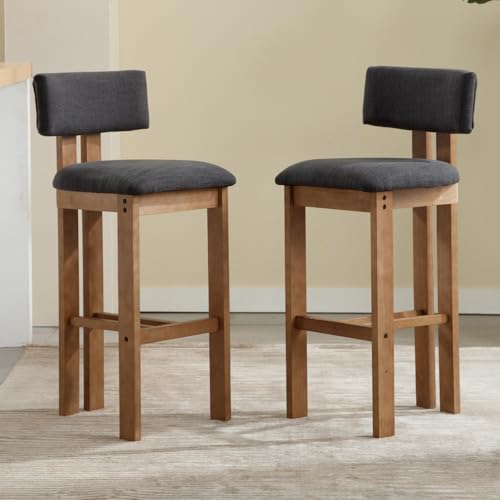 chairus Barhocker 2er Set Leinen, Barstühle Holz Küchenhocker mit Lehne, Vintage Tresenhocker für Küche, Bistrohocker Bar Kücheninsel Café, Grau von chairus