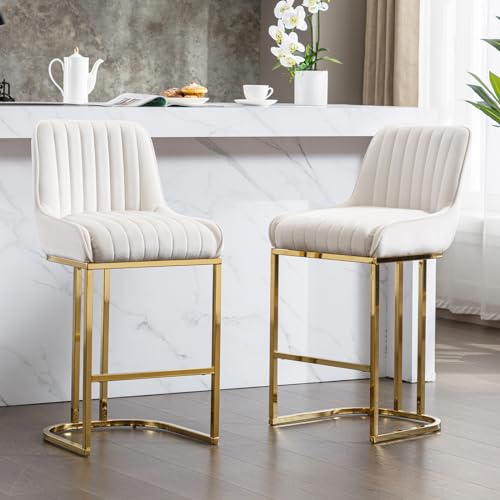 chairus Barhocker 2er Set Samt Küchen Frühstück Hohe Barstuhl mit Rückenlehne Tresenhocker für Wohnzimmer mit Metallbeinen (Beige-2) von chairus