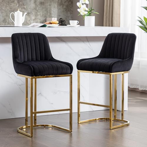 chairus Barhocker 2er Set Samt Küchen Frühstück Hohe Barstuhl mit Rückenlehne Tresenhocker für Wohnzimmer mit Metallbeinen (Schwarz-2) von chairus