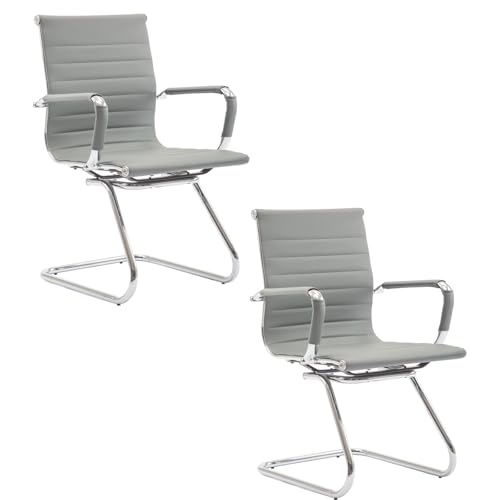chairus Freischwinger Stühle 2er Set, PU-Leder Besucherstuhl Konferenzstuhl Ergonomisch mit Armlehnen, Bürostühle Konferenz-Raum/Wartezimmer/Büro,Grau von chairus